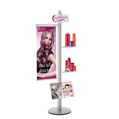 Totem d’affichage kakémono avec tablettes et étagères